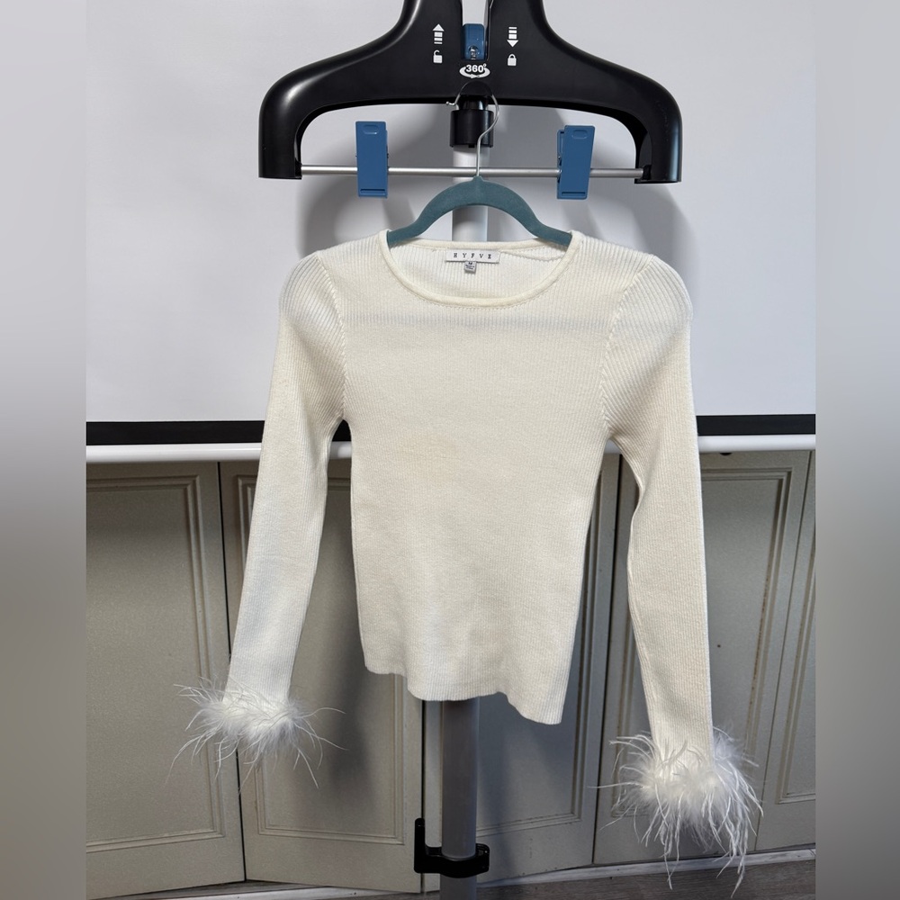 HYFVE Ivory Sweater with Feathered Cuffs